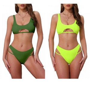 INSPIRE CHIC Women's Ribbed Scoop Neck Top Triangle Bottom Swimwear Bikini Suits 2 Sets - 1 of 4