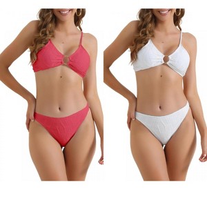 INSPIRE CHIC Women's O Ring Ribbed High Waist Adjustable Spaghetti Straps Swimsuit Bathing Bikini Suits 2 Sets - 1 of 4