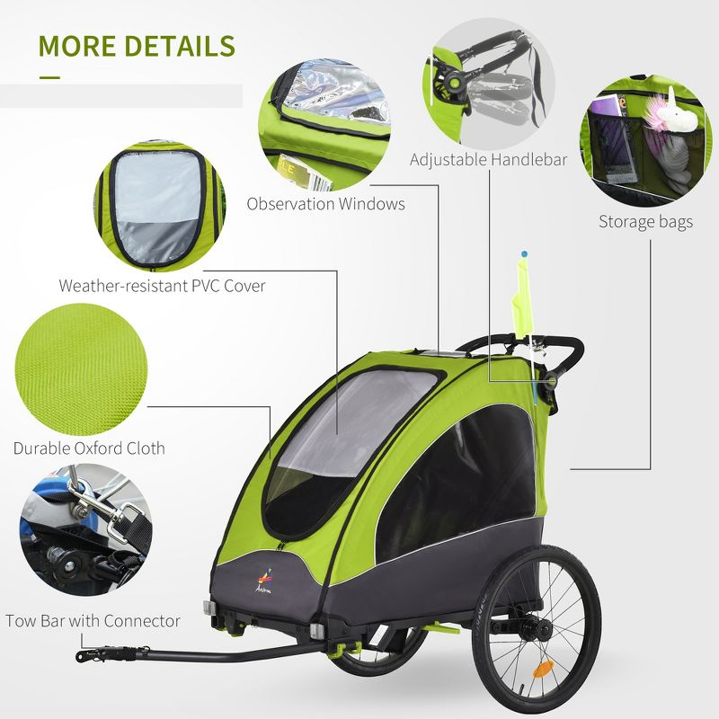 Aosom Bike Trailer for Kids 3 In1 Foldable Child Jogger Stroller Baby Stroller Transport Carrier Rubber Tires Kid Bicycle Trailer, 6 of 11