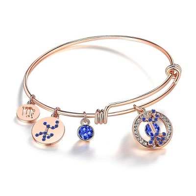 Leafael Superstar Zodiac Adjustable Bangle Bracelet with Premium Crystals Horoscope Constellation, 14K Rose Gold Plated, 7" Diameter