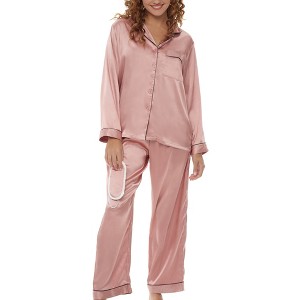 ADR Women's Satin Pajamas Set, Button Down Long Sleeve Top and Pants with Pockets, Silk like PJs with Matching Sleep Mask - 1 of 4