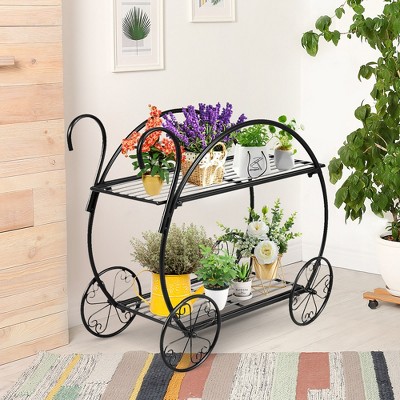 Black Steel Two-Tiered Indoor/Outdoor Plant Stand with Decorative Wheels