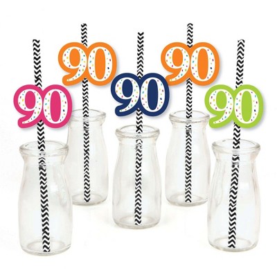 Big Dot of Happiness 90th Birthday - Cheerful Happy Birthday - Paper Straw Decor - Ninetieth Birthday Party Striped Decorative Straws - Set of 24