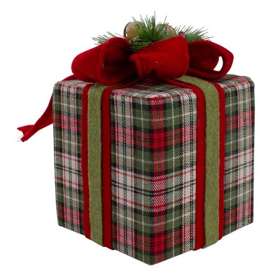 Northlight 6.5" Red and Green Plaid Christmas Present Decoration with Bow