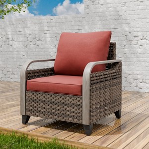EAGLE PEAK Patio Chair Curved Armrest, Rattan Patio Furniture, 1 Chair, Brown/Red - 1 of 4