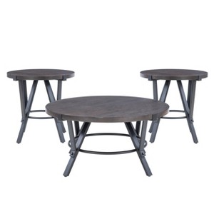 Powell 3pc Galway Wood Top and Charcoal Gray Metal Round Coffee and Side Table Set Charcoal Brown: Rustic Living Room Furniture Set - 1 of 4