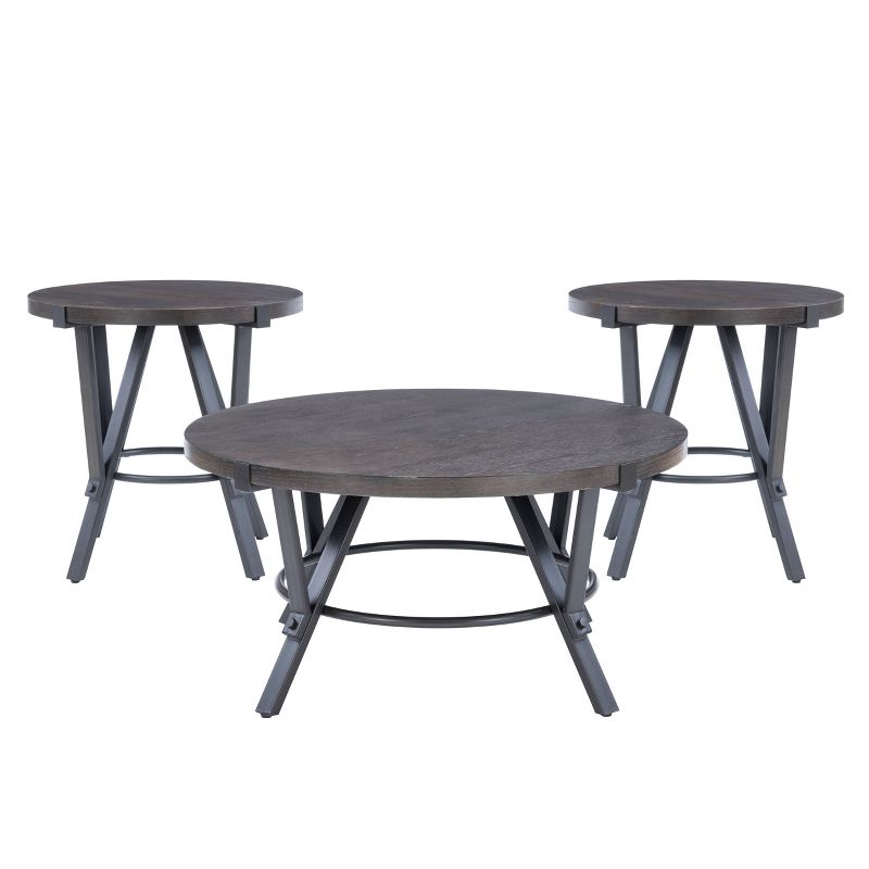 3pc Galway Wood Top and Charcoal Gray Metal Round Coffee and Side Table Set Charcoal Brown - Powell, 1 of 12