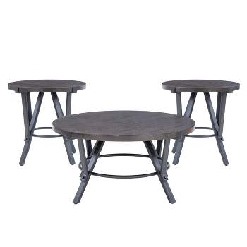 3pc Galway Wood Top and Charcoal Gray Metal Round Coffee and Side Table Set Charcoal Brown - Powell