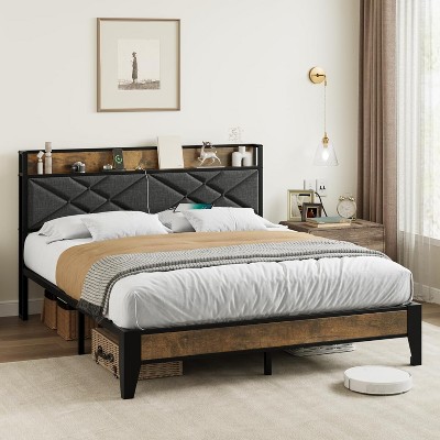 King Size Bed Frame with Charging Station, Metal Platform Bed Frame with Button Tufted Upholstered Headboard and Storage Shelf
