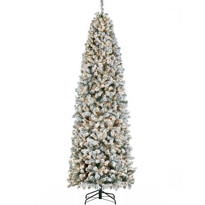 Yaheetech 6Ft/7.5Ft/9Ft Prelit Flocked Pencil Artificial Christmas Tree Holiday Decoration Hinged Spruce, Green
