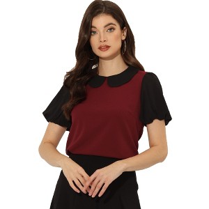 Allegra K Women's Contrast Peter Pan Collar Puff Short Sleeve Summer Top - 1 of 4