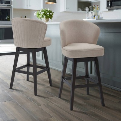 Contemporary Tan Fabric and Espresso Wood Swivel Barstool, 30"