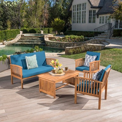 Angel Sar Outdoor Patio Furniture Set of 4, Acacia Wood Patio Table and Chairs Set, Teak & Teal Blue