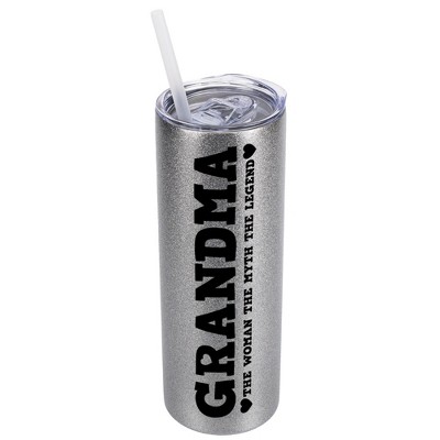 Elanze Designs Silvertone Sparkle 20 Ounce Double Wall Stainless Steel Glitter Travel Tumbler With Sliding Lid And Straw, Grandma The Woman The Myth