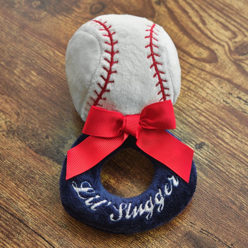 Bearington Baby Collection Lil Slugger Rattle: 5.5 Plush Baseball Rattle and Ring Shaker Toy, 2 of 7