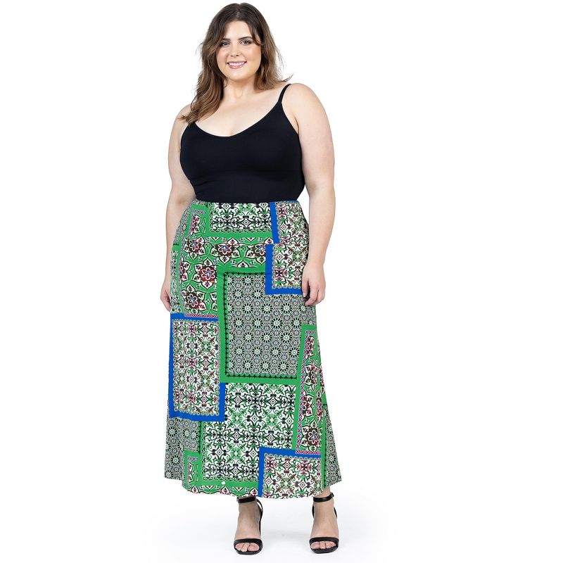 24seven Comfort Apparel Green Scarf Print Plus Size  Elastic Waist Ankle Length Comfortable Maxi Skirt, 4 of 7