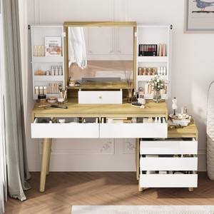 Vanity Desk with Mirror, Farmhouse Makeup Vanity Desk, Dressing Table, Big Vanity Set with 6 Storage Drawers, Open Shelves and Stool, for Home - 1 of 4