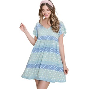 Slickblue Flirty Floral Mini Dress, Baby Doll Silhouette with V-Neck & Ruffle Sleeves in Blue, Size S-L - 1 of 4