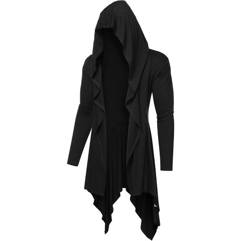 Мужские кардиганы COOFANDY Long Hooded Cardigan Ruffle Shawl Collar Open Front Lightweight Drape Cape Overcoat with Pockets Black XL