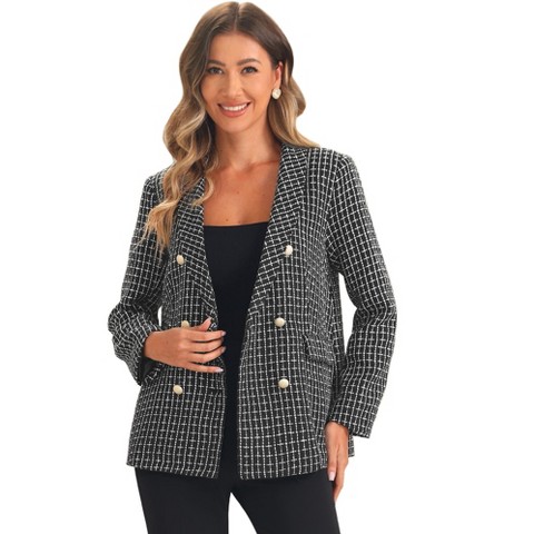 Allegra K Women's Button Front Long Sleeve Plaids Blazer Black X-Large