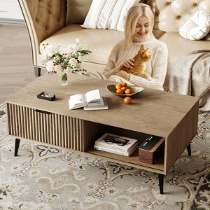 Garvee Fluted Coffee Table with Storage, Mid Century Dining Table with Sliding Door Panel and Wood Legs, Small Coffee Tables for Living Room - 1 of 4