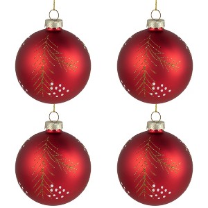 Northlight Glittered Pine Needle Glass Christmas Ball Ornaments - 3" (75mm) - Red - 4ct - 1 of 4