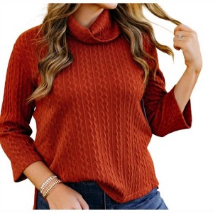 Women's 3/4 Sleeve Drop Shoulder Cowl Collar Neck Hi-Lo Solid Cable Knit Top - Multiples - 1 of 4
