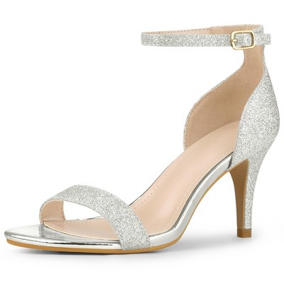 Perphy Women's Glitter Open Toe Ankle Buckle Strap Stiletto Heel Sandals