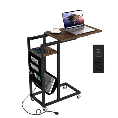 ResenkosSofa Table, End Table, Side Table,C-shaped End Table with Charging Station and Retractable Tabletop-Coffee Brown