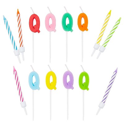 Blue Panda 96-Piece Letter Q and Colored Stripes Birthday Cake Candles Set with Holders for Party Decorations