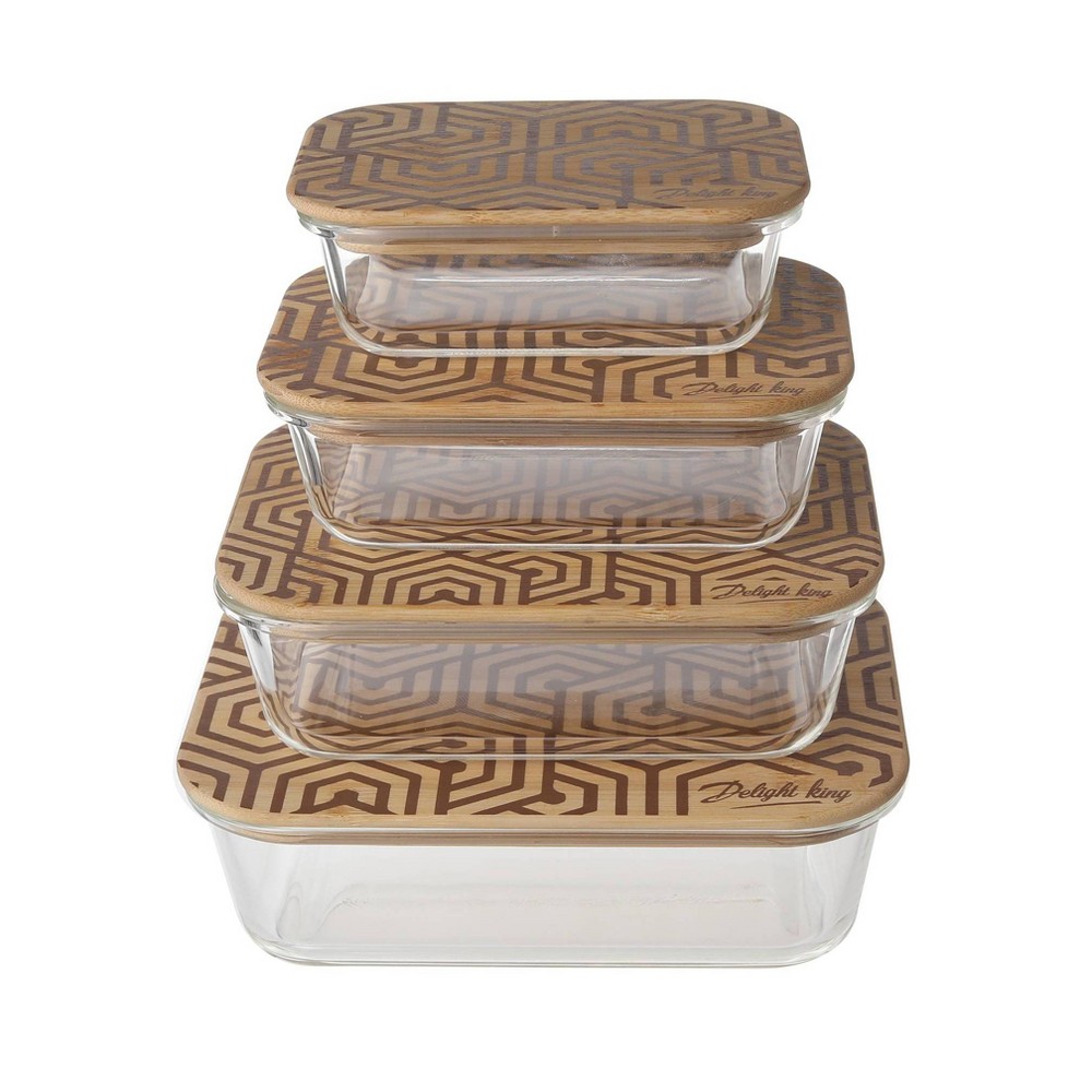 Delight King 8pc High Borosilicate Glass Food Storage Containers with Painted Hexagonal Bamboo Lids