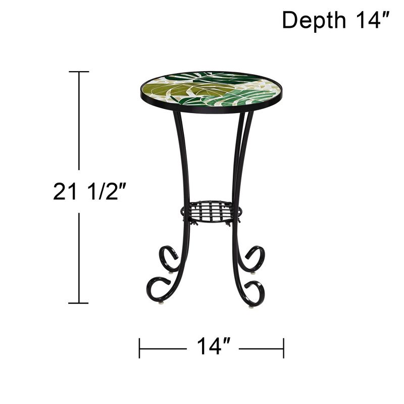 Teal Island Designs Tropical Black Round Outdoor Accent Side Tables 14" Wide Set of 2 Green Leaves Mosaic Tabletop Front Porch Patio Home House, 4 of 9