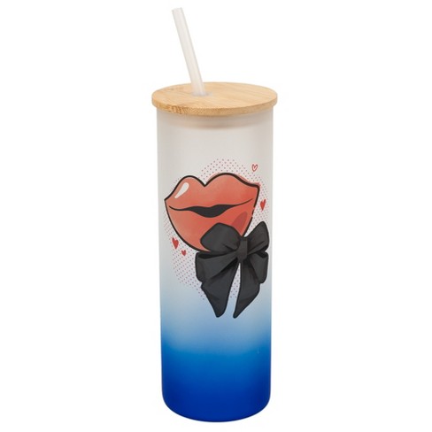 Elanze Designs 25 Ounce Frosted Glass Gradient Travel Tumbler With Straw and Wooden Lid, Lips With Bow Navy Blue - image 1 of 1