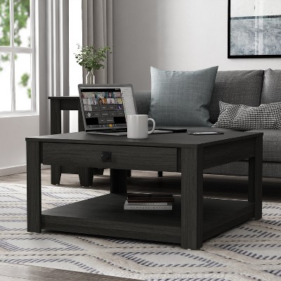 Galano Square Coffee Table with Drawer and Lower Shelf in Rustic Black Oak 31.5" W x 31.5" D x 16.3" H