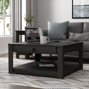 Galano Square Coffee Table with Drawer and Lower Shelf in Rustic Black Oak 31.5" W x 31.5" D x 16.3" H - 1 of 4