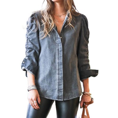 Women's Denim Shirring Sleeve Top - Mazik