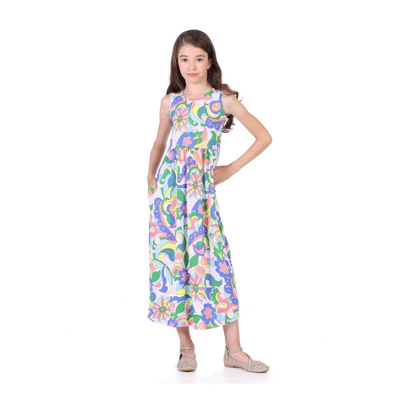 24seven Comfort Apparel Pastel Floral Print Sleeveless Girls Pocket Maxi Dress, 1 of 5
