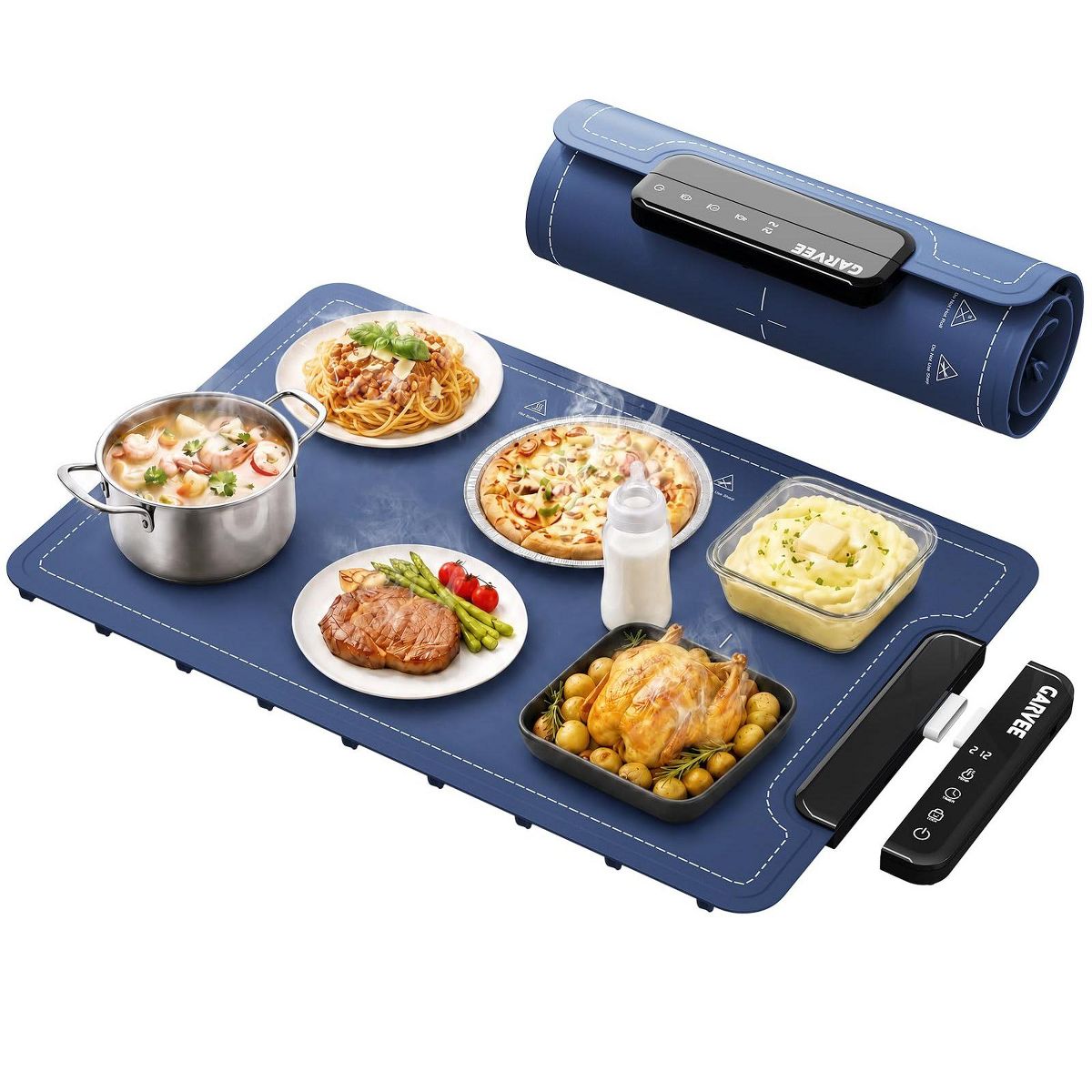 Garvee 25"x16" Food Warming Mat w/ Detach. Controller – 8 Temps, 6H Timer, 250W, ChildLock, Auto Off – Rollable Silicone Warmer for Kitchen, Buffet