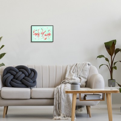 Whimsical Flamingos with Toilet Paper on Canvas in Black Frame