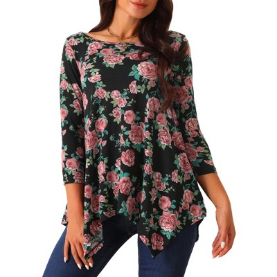 Seta T Women's Scoop Neck 3/4 Sleeve Asymmetrical Hem Floral Tunic Blouse Tops with Pockets