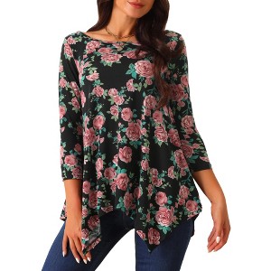 Seta T Women's Scoop Neck 3/4 Sleeve Asymmetrical Hem Floral Tunic Blouse Tops with Pockets - 1 of 4