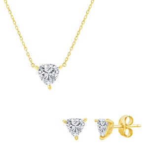Bella Silver Sterling Silver, Gold Plates Solitaire Trillion CZ, 6mm 18" Necklace & 5mm Earrings Set - Gold Plated - 1 of 4