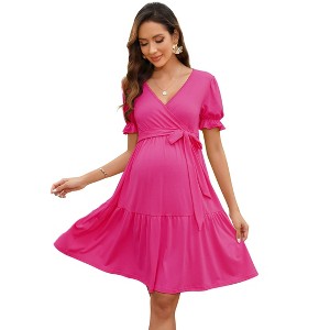 Women's Maternity Wrap Dress V Neck Puff Sleeve Tie Waist Pregnancy Comfortable Stretchy Summer - 1 of 4