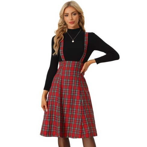 Allegra K Plaid Midi Suspender Skirt For Women's Tartan Pinafore Overall  Dress Red X-small : Target