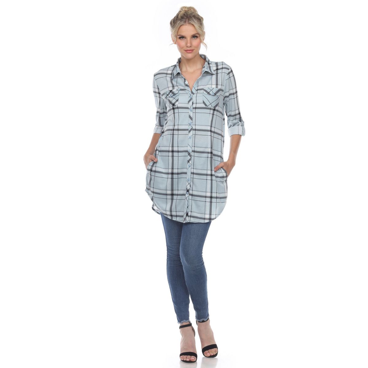 Women's Printed Plaid Roll Tab Tunic - White Mark - thumbnail 6