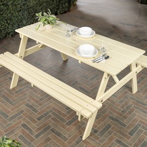 Shoreham 59" Modern Classic Outdoor Wood Picnic Table Benches with Umbrella Hole - 1 of 4