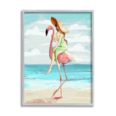 Stupell Industries Beach Woman Riding Pink Flamingo Tall Tropical Bird