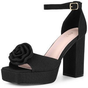 BLISSFUL STEP Women's Flower Square Toe Ankle Strap Chunky Heel Sandals - 1 of 3