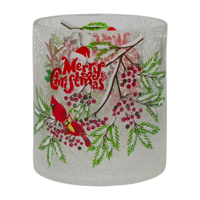 Northlight 8" Hand Painted Christmas Cardinal and Pine Flameless Glass Christmas Candle Holder, 1 of 7