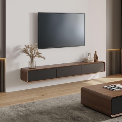 POVISON Fully-Assembled Minimalist Floating TV Stand,79" Wall-Mounted Entertainment Center with 3 Drawers for TVs up to 65",Walnut & Black